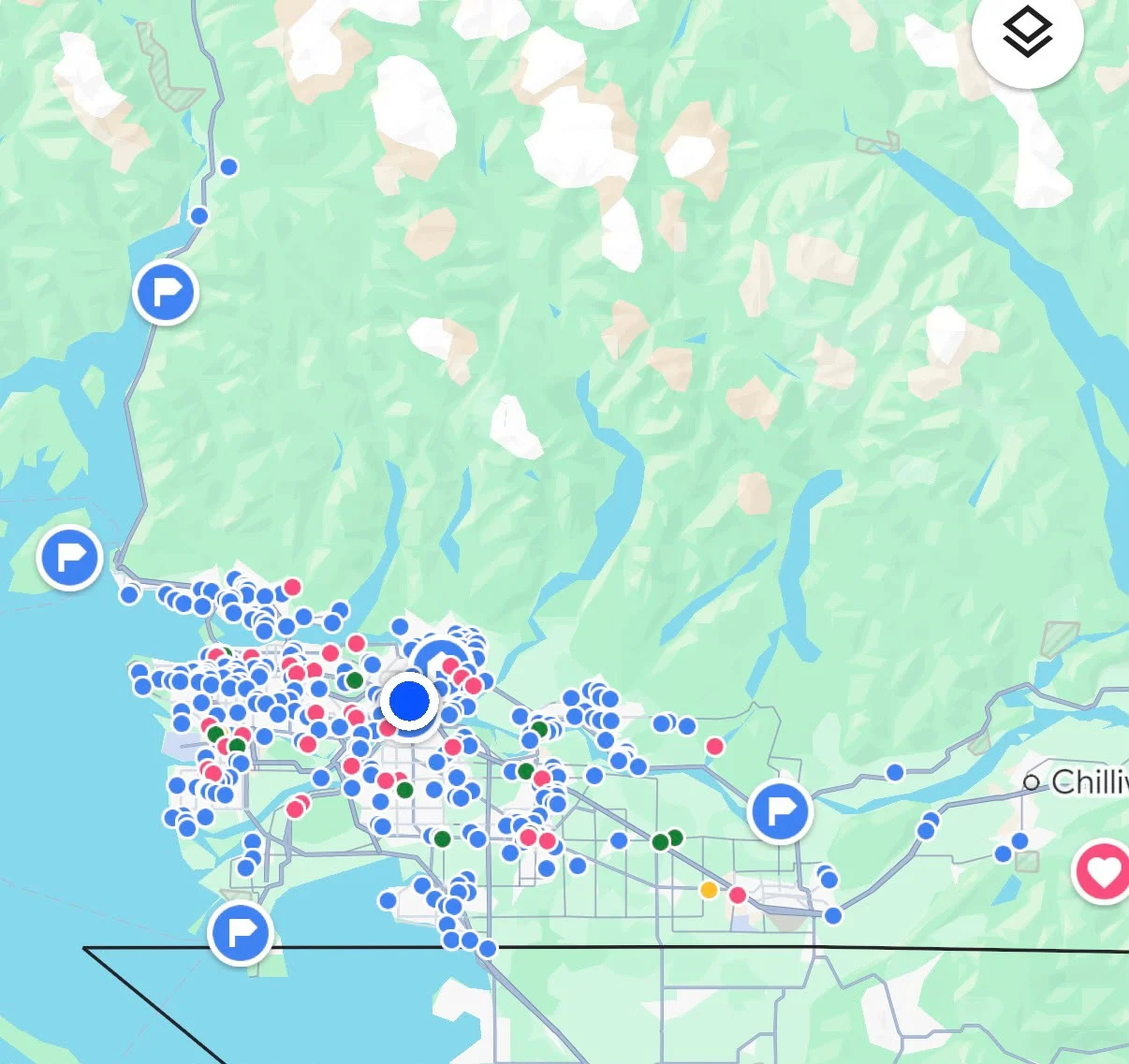 Konstantin’s project-location map with markers across the Lower Mainland